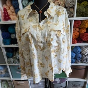 Woolrich women's vintage Cream Floral Button-Up Blouse with Gold Print-sz XXL